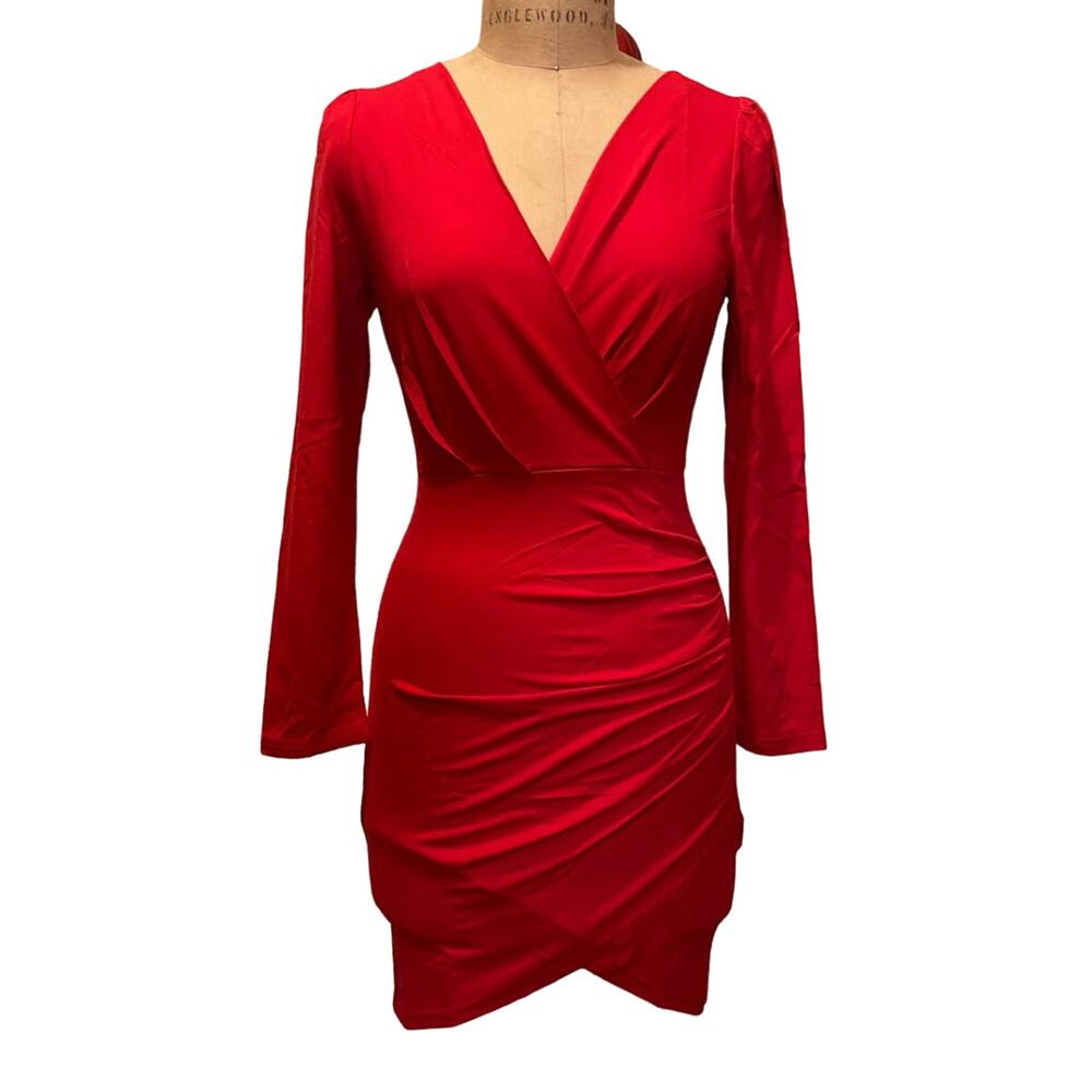 Sarin Mathews Deep V Neck Ruched Bodycon Long Sleeve Mini Dress Red NWT Size XL